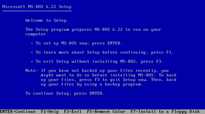 Gambar 9. Tampilan Setup MS-DOS 6.22 yang Berisi Petunjuk Awal Instalasi
