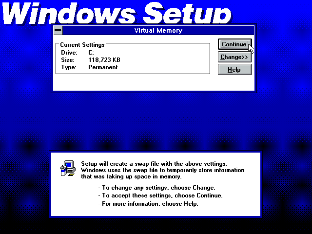 Gambar 10. Pengaturan swap file untuk virtual memory di setup Windows 3.1