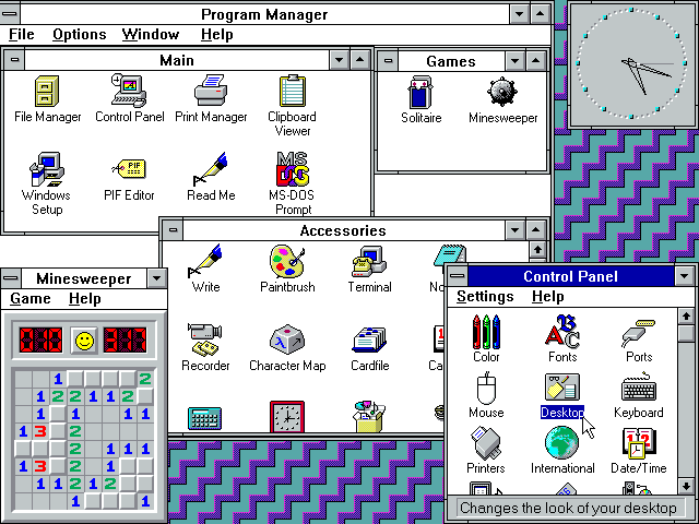 Gambar 18. Tampilan desktop Windows 3.1 yang sudah saya kustomisasi sedemikian rupa