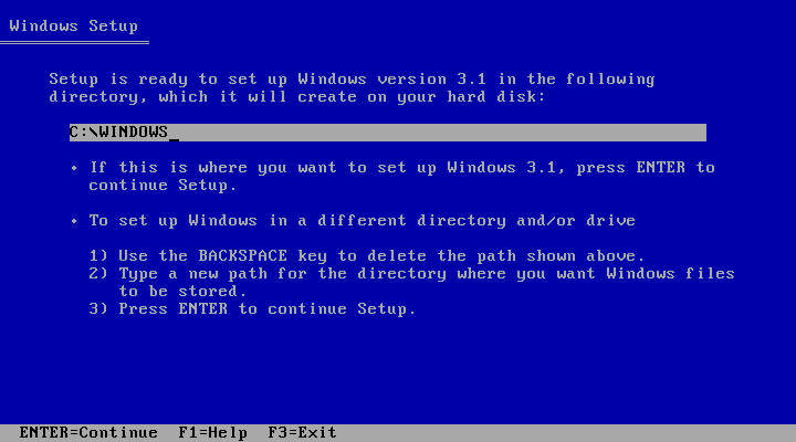 Gambar 4. Pilih direktori tempat instalasi Windows 3.1