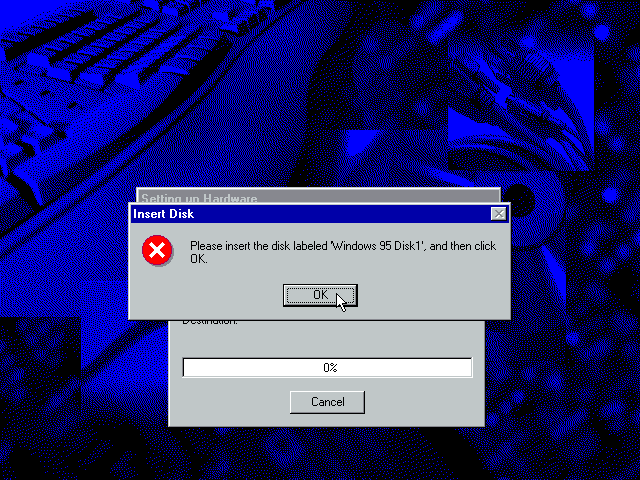 Gambar 19. Setup memintamu untuk memasukkan disk "Windows 95 Disk 1"