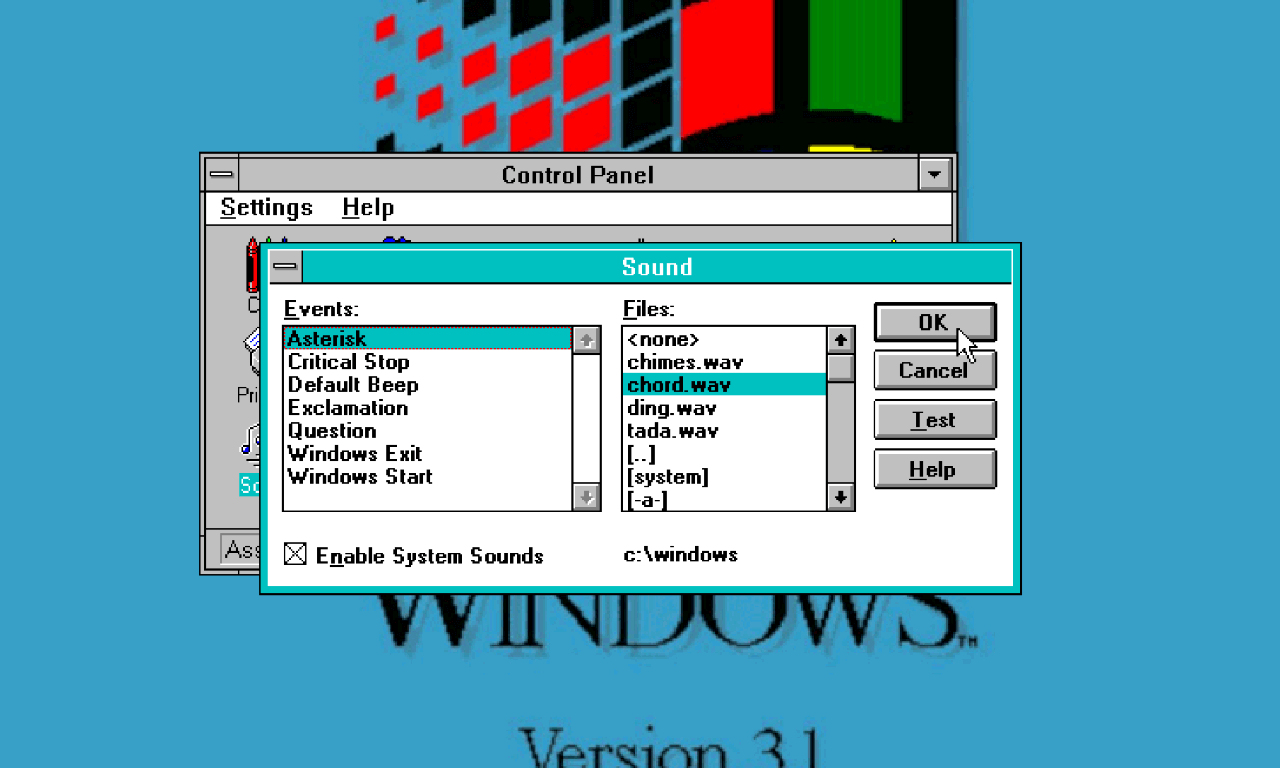Menu pengaturan suara sistem di Windows 3.1