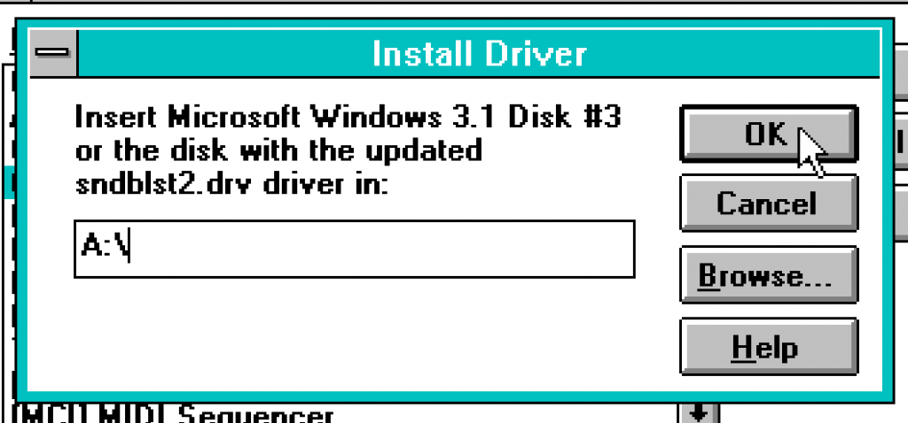 Gambar 5. Jendela menu Install Driver di Windows 3.1, untuk memilih lokasi tempat file driver berada